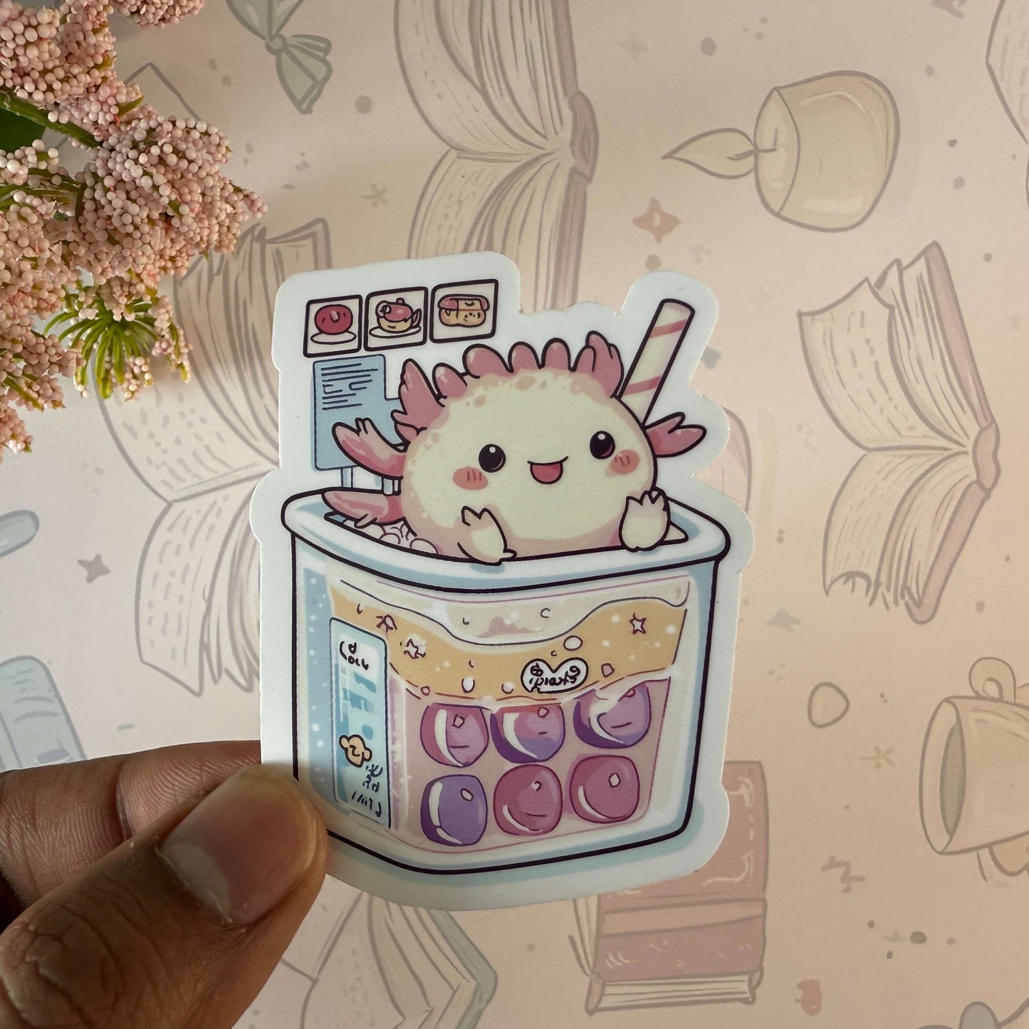 Axolotl Boba Drink Glossy Sticker